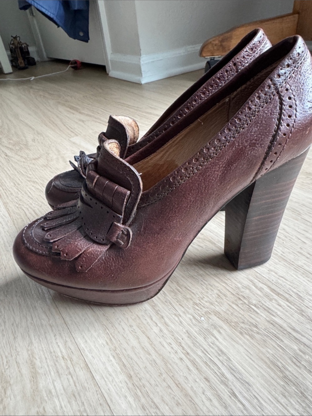Frye Harness Kiltie Moxie Kiltie Platform Heels Brown US 8